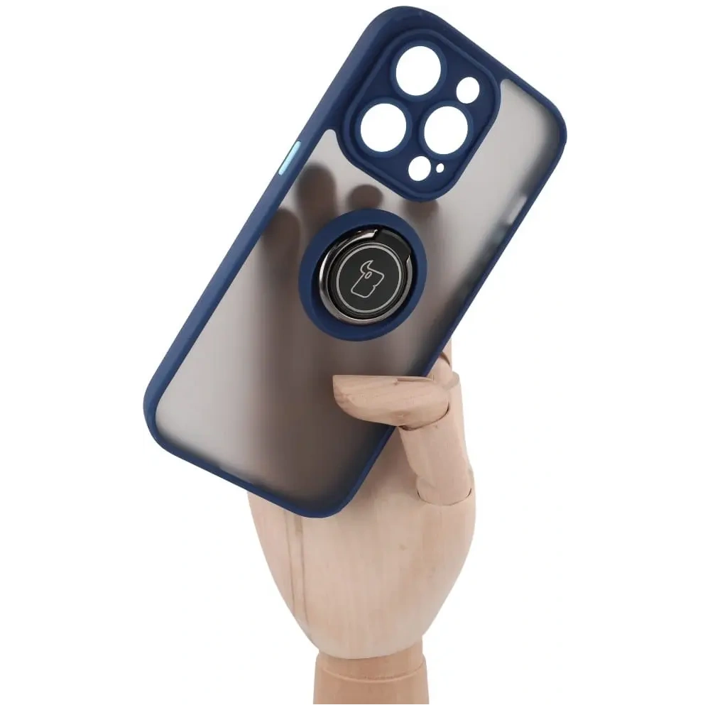 Etui z uchwytem na palec Bizon Case Hybrid Ring do Apple iPhone 14 Pro przydymione z granatową ramką