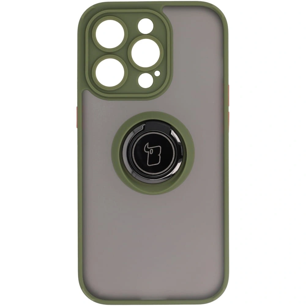 Etui z uchwytem na palec Bizon Case Hybrid Ring do Apple iPhone 14 Pro przydymione z zieloną ramką