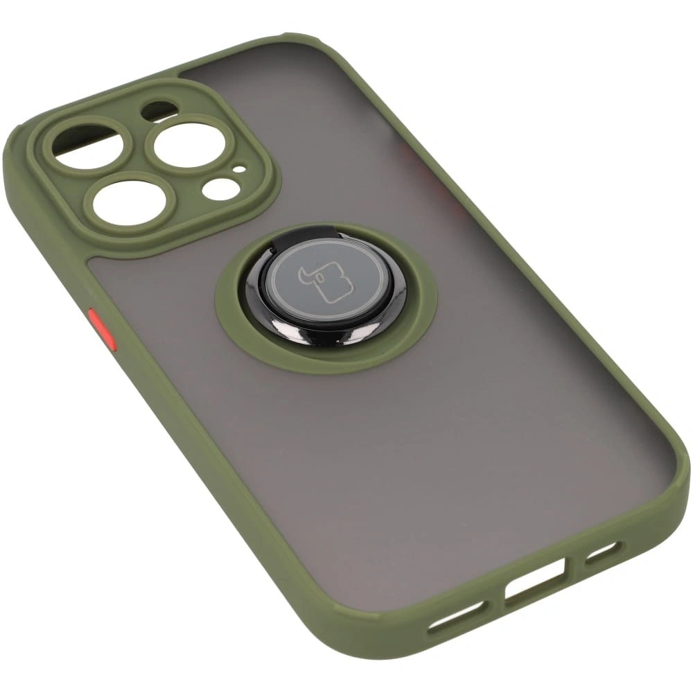 Etui z uchwytem na palec Bizon Case Hybrid Ring do Apple iPhone 14 Pro przydymione z zieloną ramką