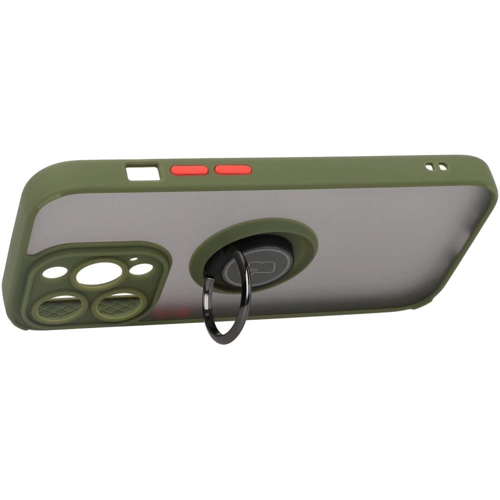 Etui z uchwytem na palec Bizon Case Hybrid Ring do Apple iPhone 14 Pro przydymione z zieloną ramką