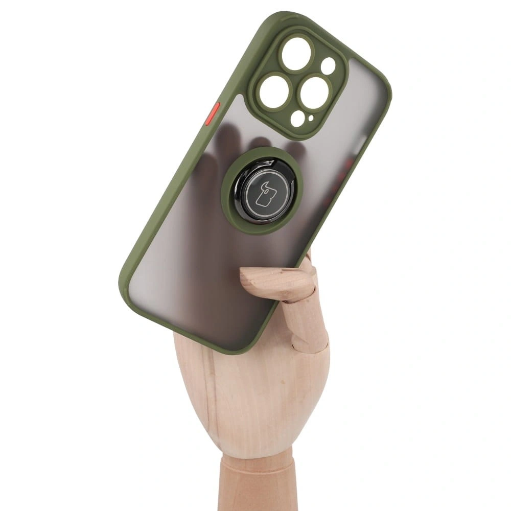 Etui z uchwytem na palec Bizon Case Hybrid Ring do Apple iPhone 14 Pro przydymione z zieloną ramką