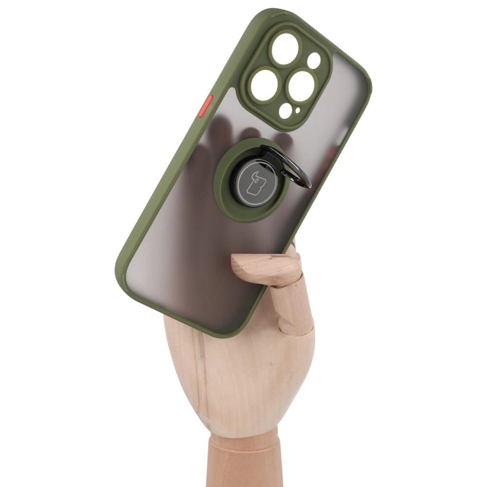 Etui z uchwytem na palec Bizon Case Hybrid Ring do Apple iPhone 14 Pro przydymione z zieloną ramką