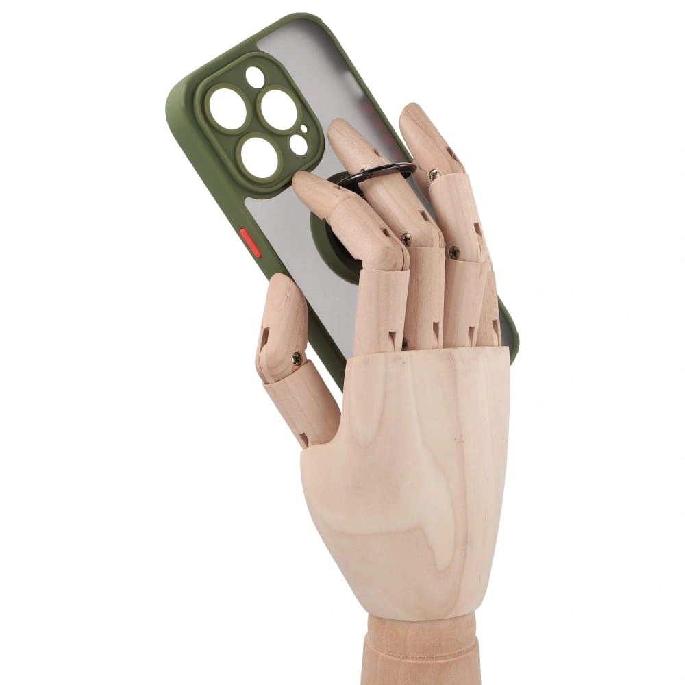 Etui z uchwytem na palec Bizon Case Hybrid Ring do Apple iPhone 14 Pro przydymione z zieloną ramką