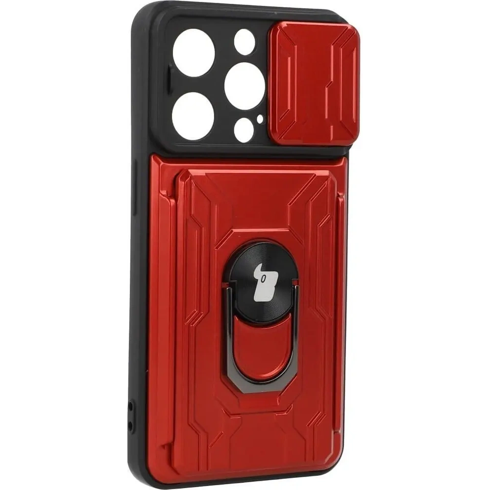 Etui Bizon Case Camshield Card Slot Ring do Apple iPhone 14 Pro czerwone