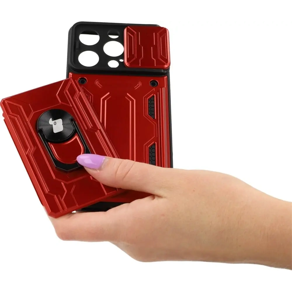 Etui Bizon Case Camshield Card Slot Ring do Apple iPhone 14 Pro czerwone