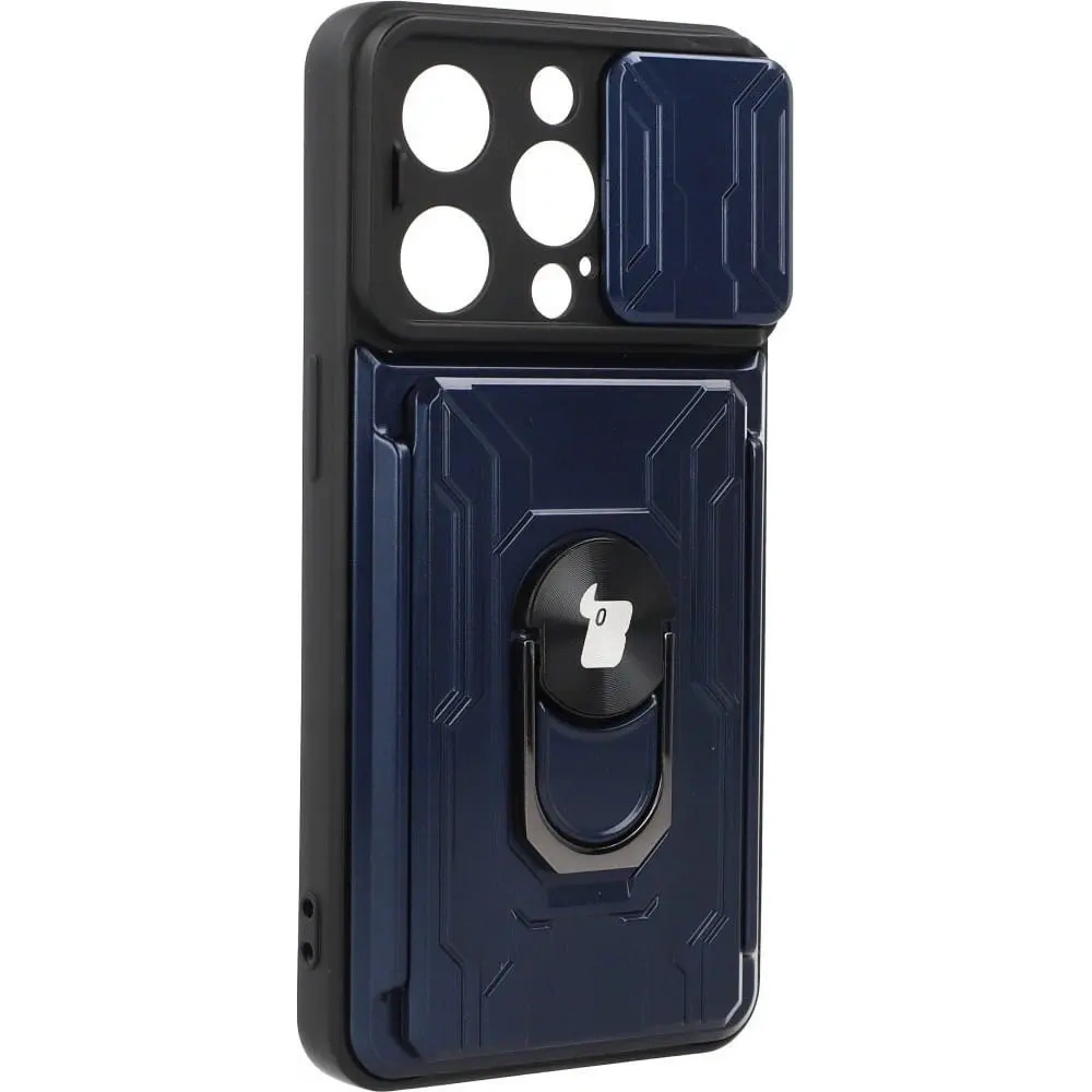 Etui Bizon Case Camshield Card Slot Ring do Apple iPhone 14 Pro granatowe