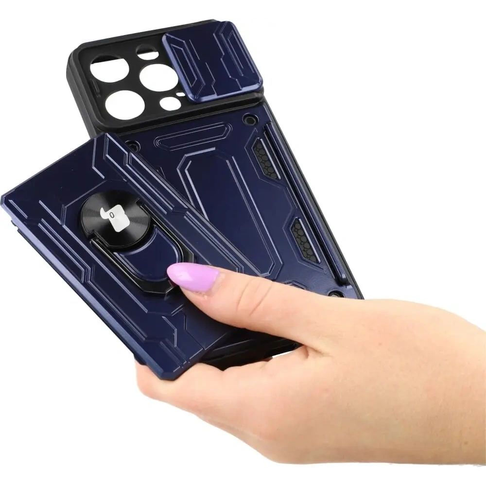 Etui Bizon Case Camshield Card Slot Ring do Apple iPhone 14 Pro granatowe
