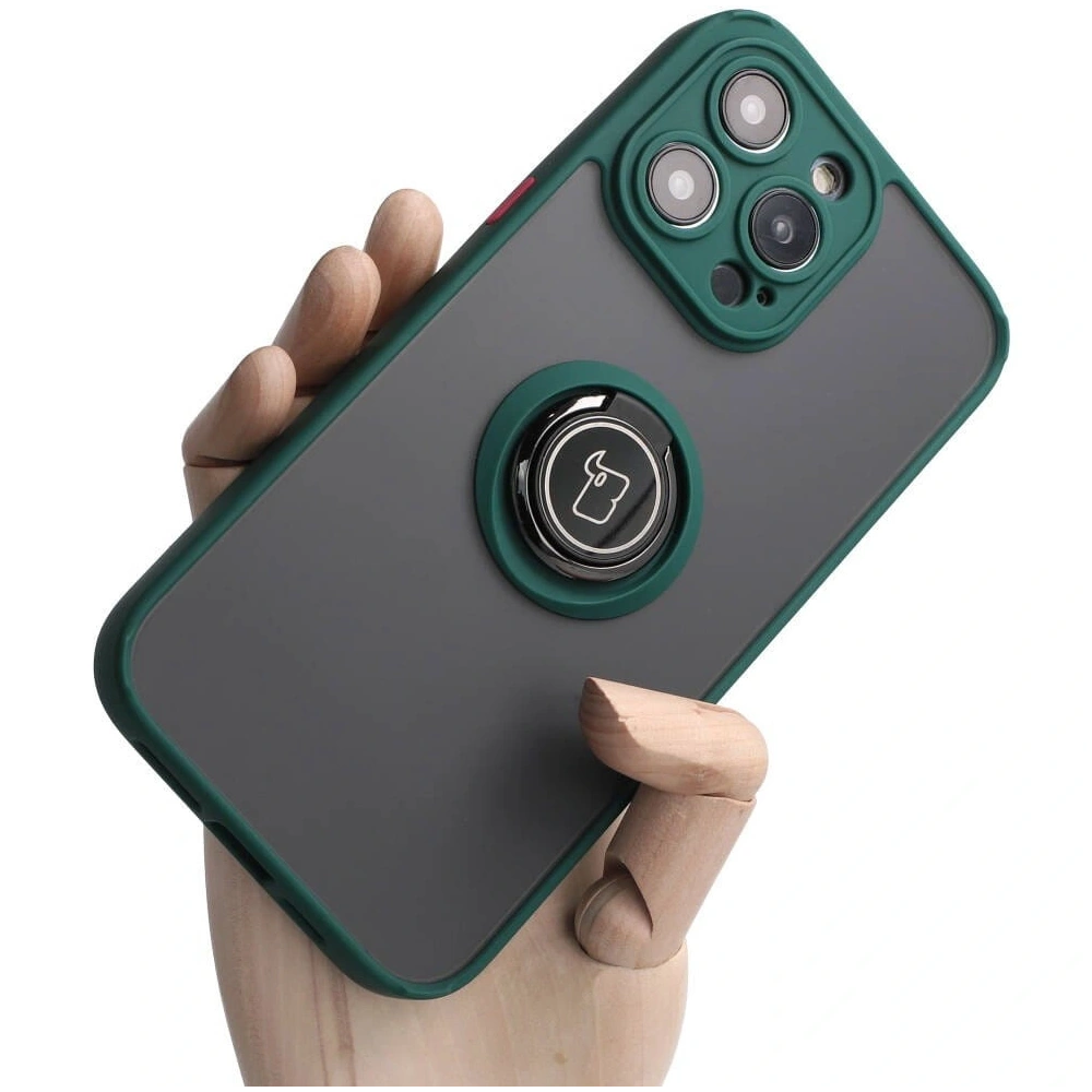 Etui z uchwytem na palec Bizon Case Hybrid Ring do Apple iPhone 14 Pro Max przydymione z ciemnozieloną ramką