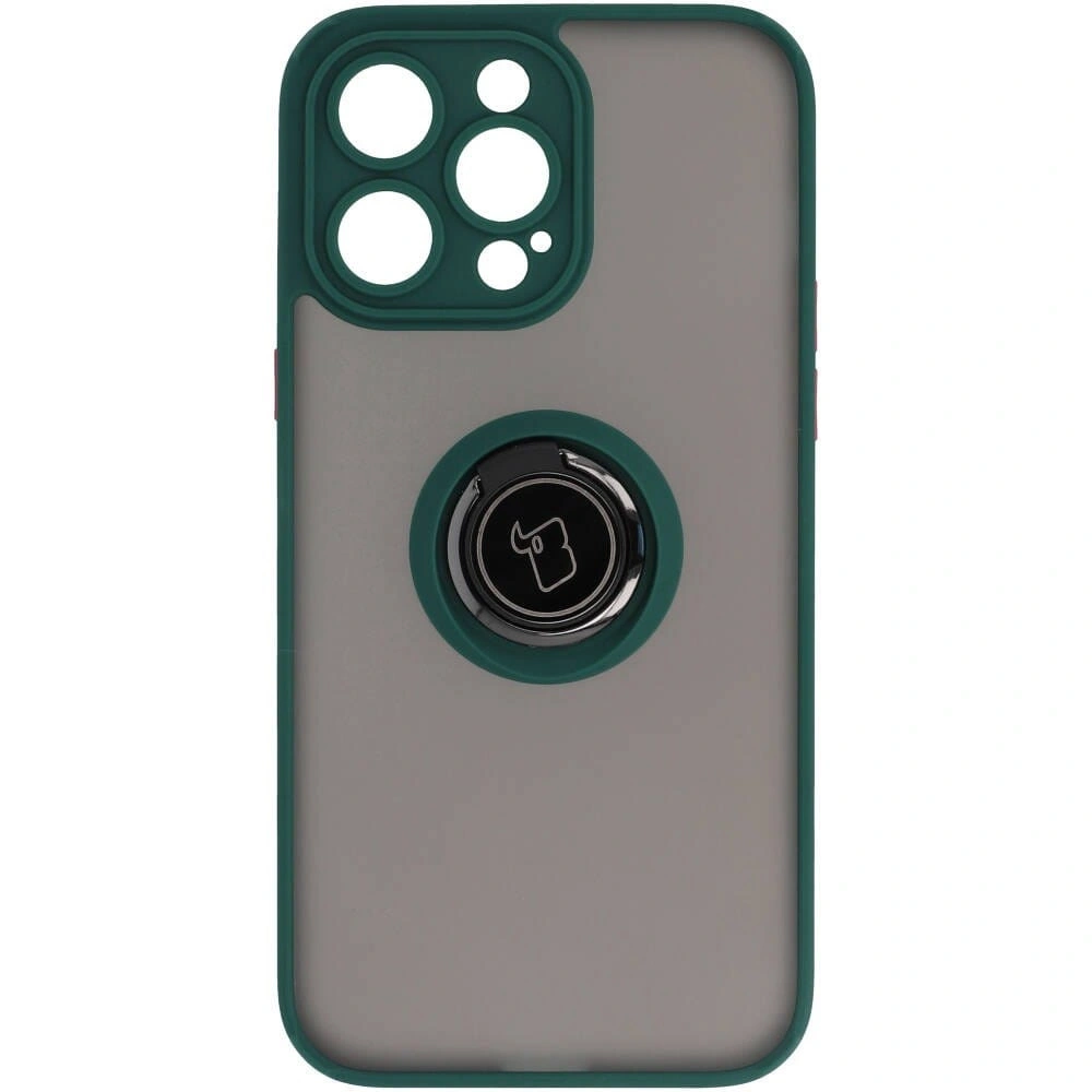 Etui z uchwytem na palec Bizon Case Hybrid Ring do Apple iPhone 14 Pro Max przydymione z ciemnozieloną ramką