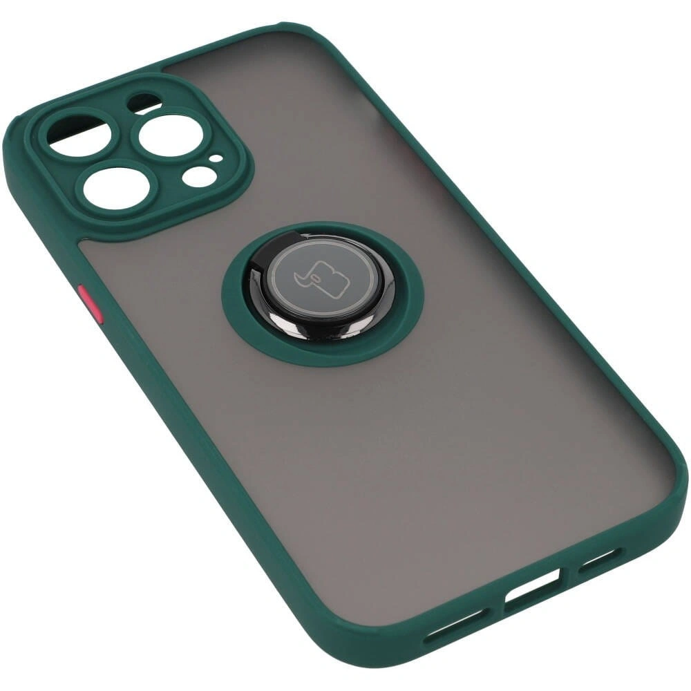 Etui z uchwytem na palec Bizon Case Hybrid Ring do Apple iPhone 14 Pro Max przydymione z ciemnozieloną ramką