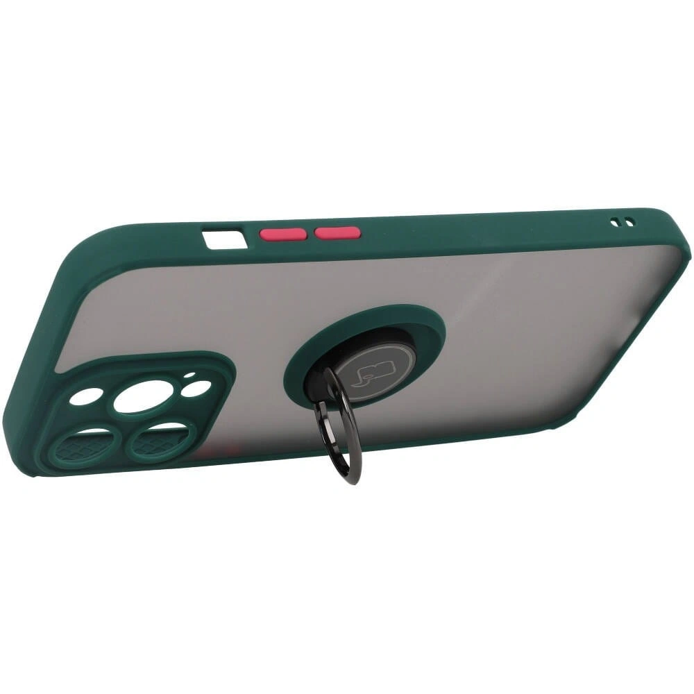 Etui z uchwytem na palec Bizon Case Hybrid Ring do Apple iPhone 14 Pro Max przydymione z ciemnozieloną ramką