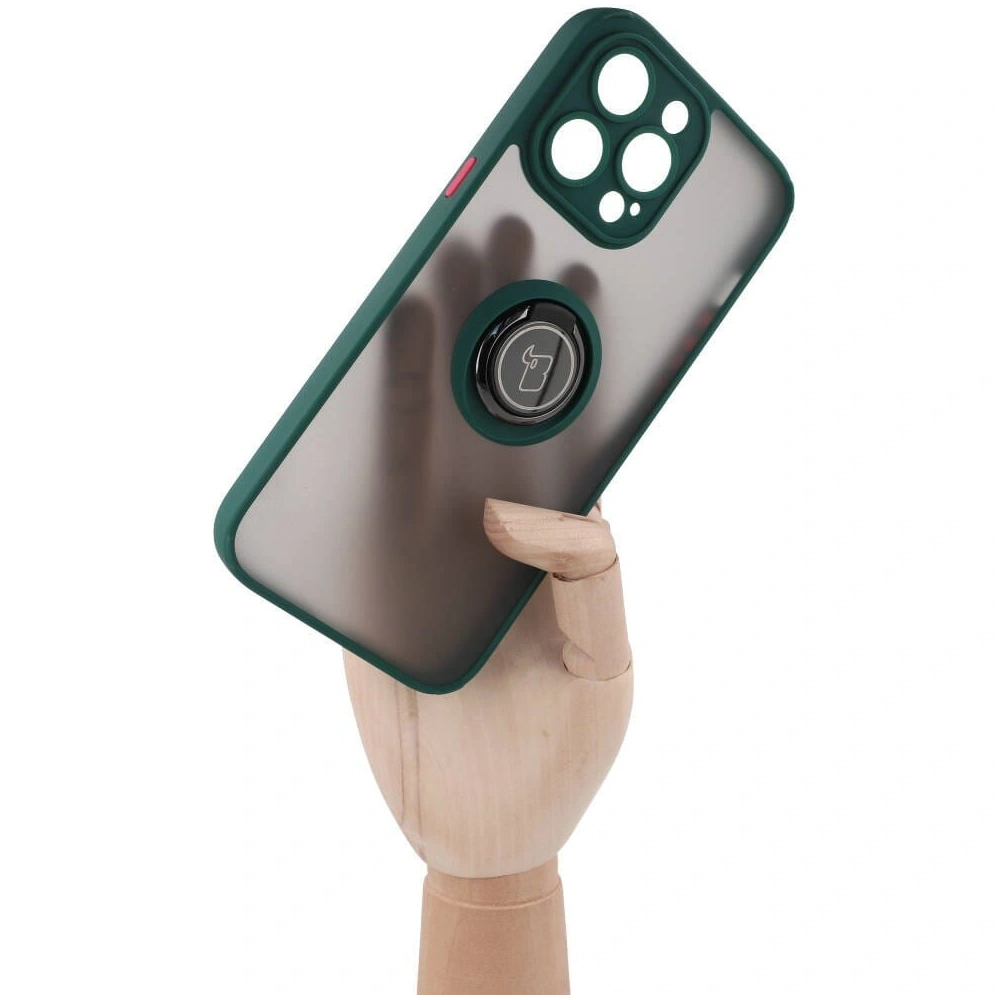 Etui z uchwytem na palec Bizon Case Hybrid Ring do Apple iPhone 14 Pro Max przydymione z ciemnozieloną ramką