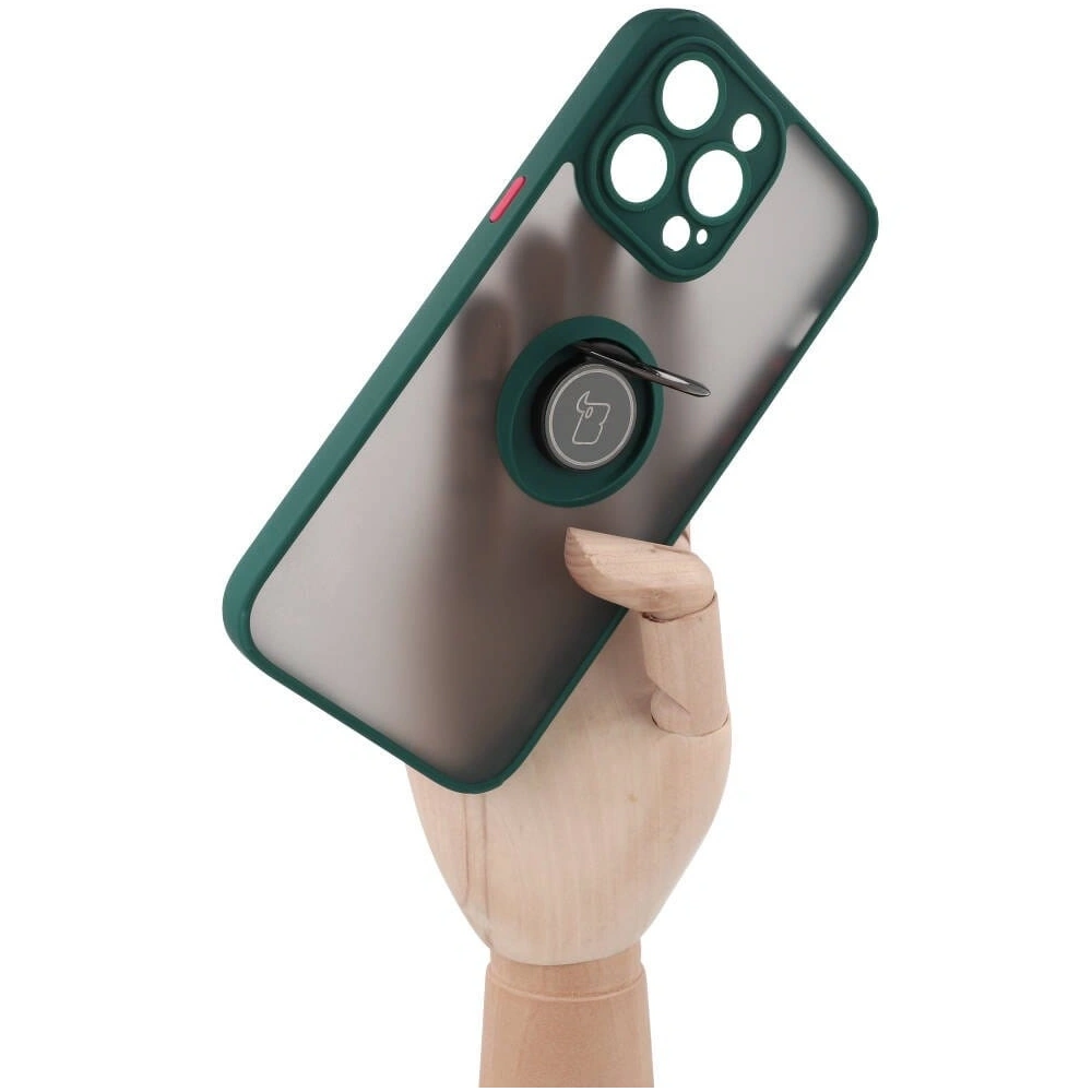 Etui z uchwytem na palec Bizon Case Hybrid Ring do Apple iPhone 14 Pro Max przydymione z ciemnozieloną ramką