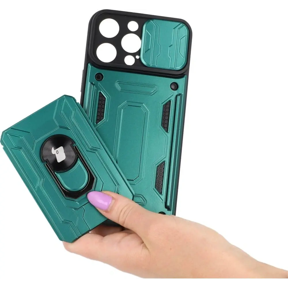 Etui Bizon Case Camshield Card Slot Ring do Apple iPhone 14 Pro Max zielone