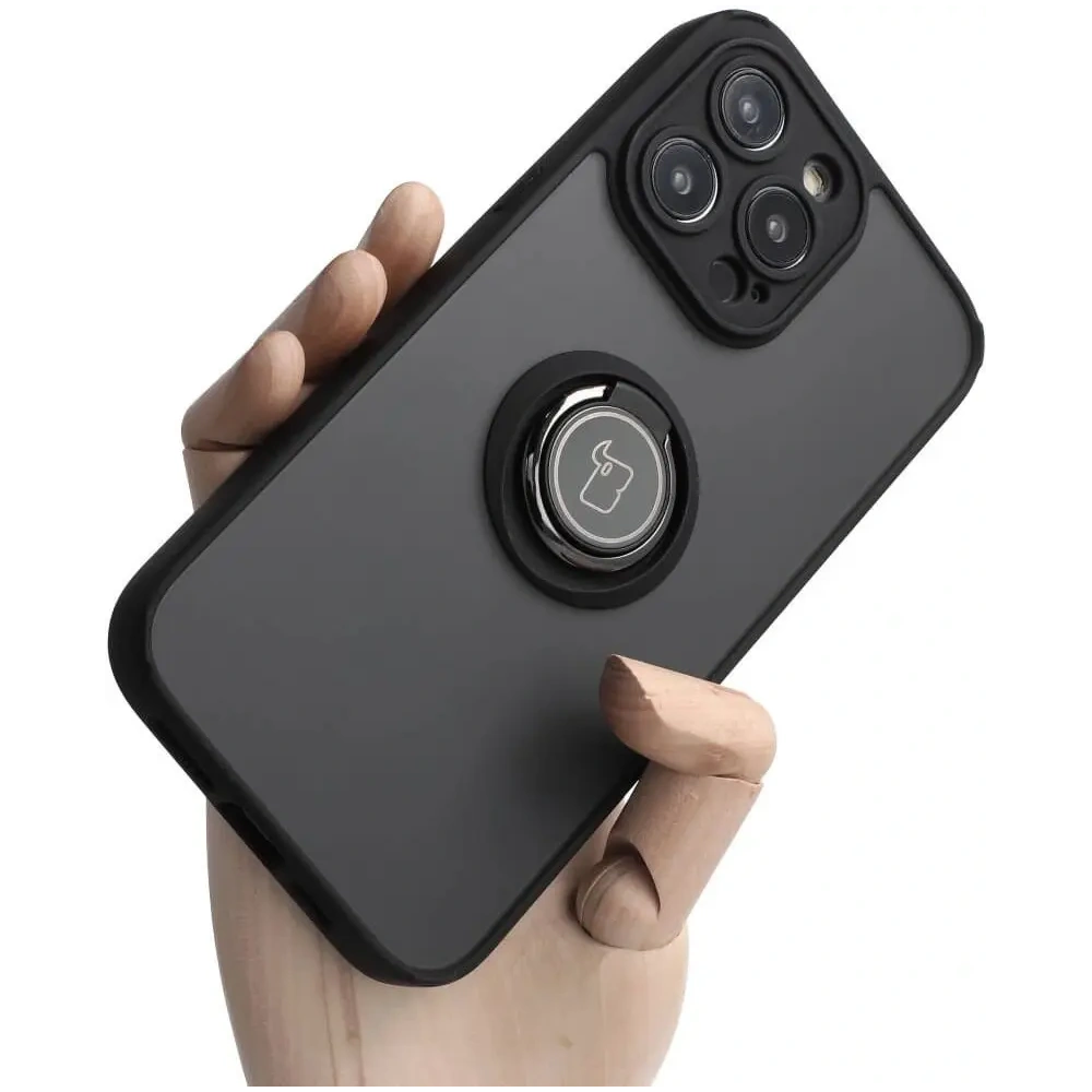 Etui z uchwytem na palec Bizon Case Hybrid Ring do Apple iPhone 14 Pro Max przydymione z czarną ramką