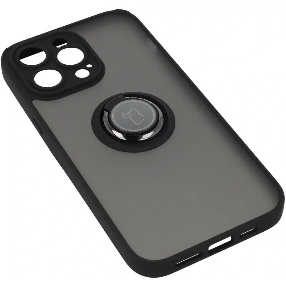 Etui z uchwytem na palec Bizon Case Hybrid Ring do Apple iPhone 14 Pro Max przydymione z czarną ramką
