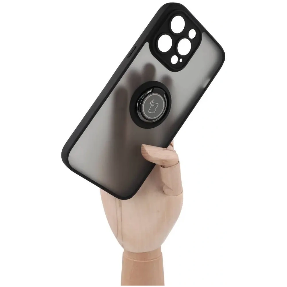 Etui z uchwytem na palec Bizon Case Hybrid Ring do Apple iPhone 14 Pro Max przydymione z czarną ramką