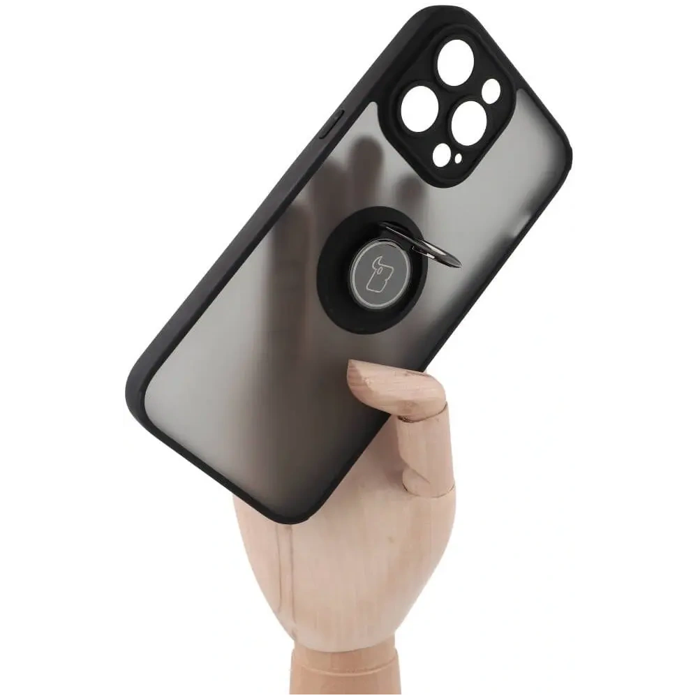 Etui z uchwytem na palec Bizon Case Hybrid Ring do Apple iPhone 14 Pro Max przydymione z czarną ramką