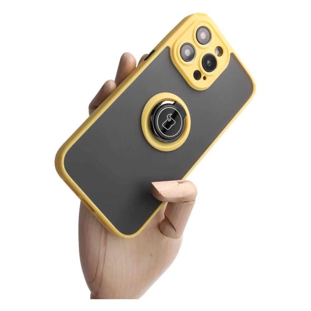 Etui z uchwytem na palec Bizon Case Hybrid Ring do Apple iPhone 14 Pro Max przydymione z żółtą ramką