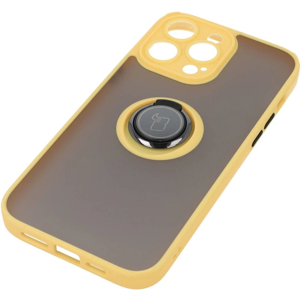 Etui z uchwytem na palec Bizon Case Hybrid Ring do Apple iPhone 14 Pro Max przydymione z żółtą ramką