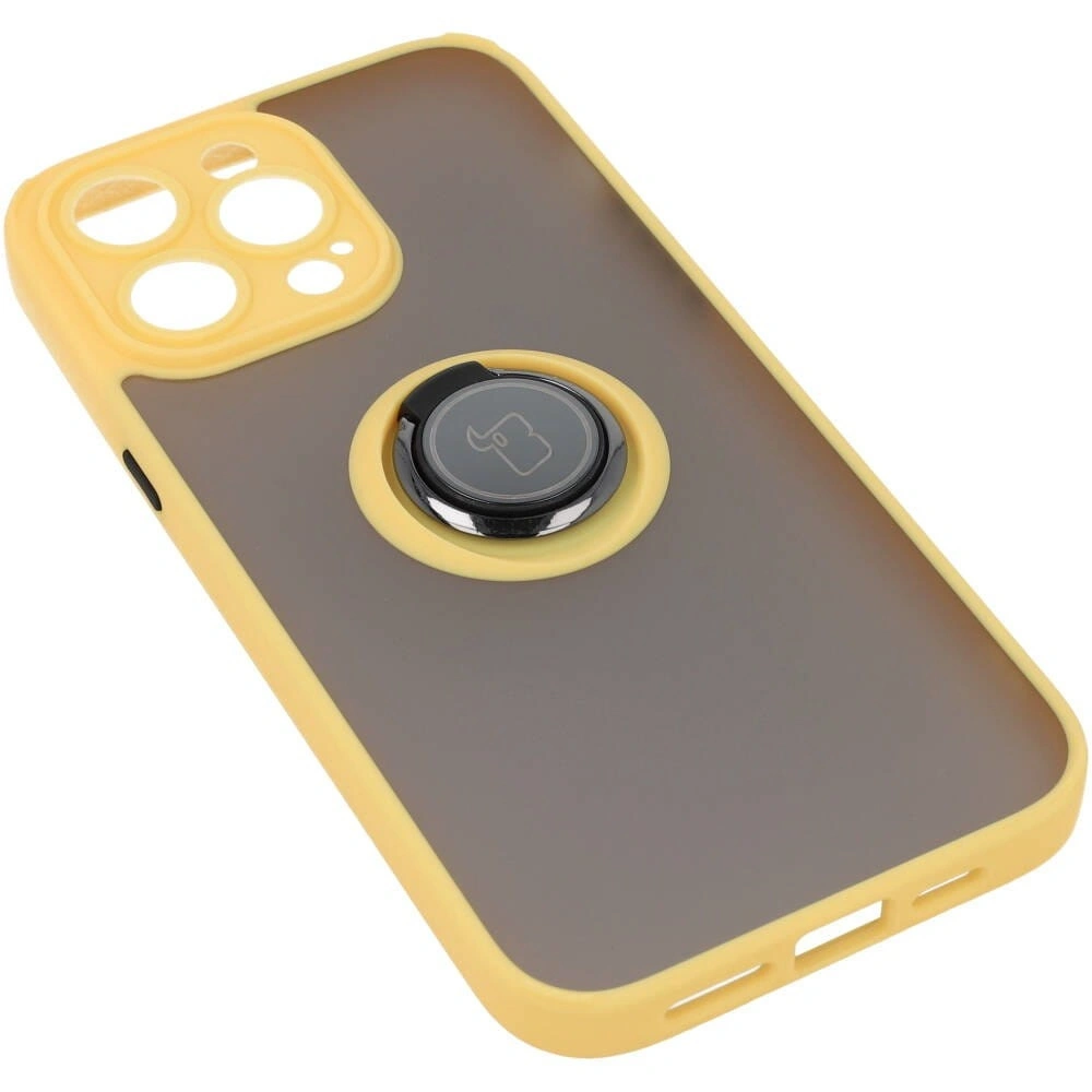 Etui z uchwytem na palec Bizon Case Hybrid Ring do Apple iPhone 14 Pro Max przydymione z żółtą ramką