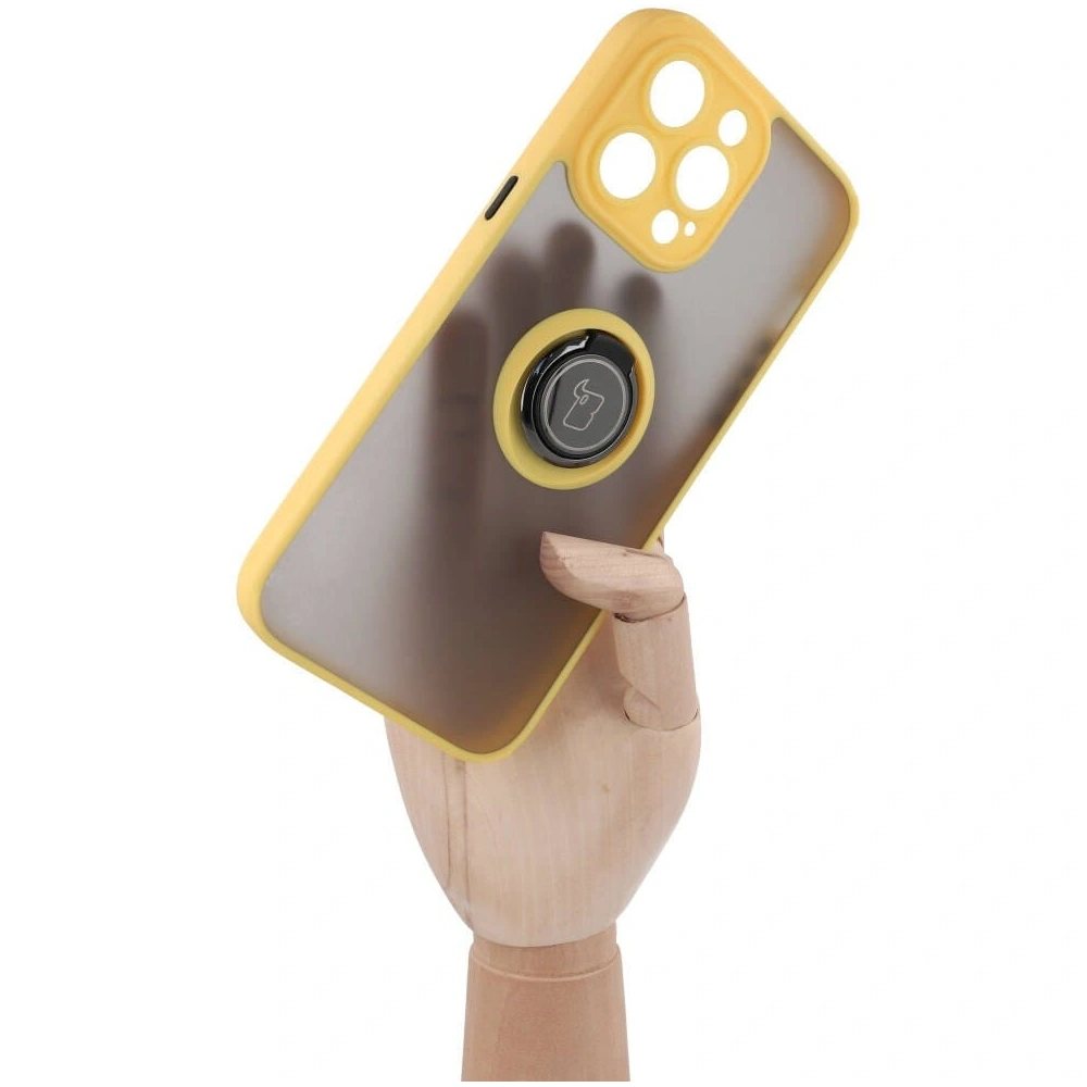 Etui z uchwytem na palec Bizon Case Hybrid Ring do Apple iPhone 14 Pro Max przydymione z żółtą ramką