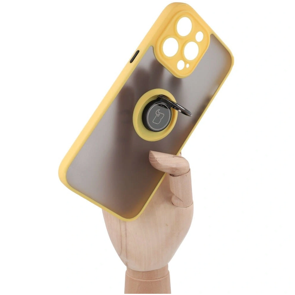 Etui z uchwytem na palec Bizon Case Hybrid Ring do Apple iPhone 14 Pro Max przydymione z żółtą ramką
