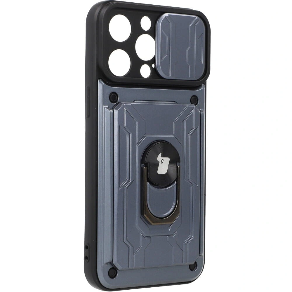 Etui Bizon Case Camshield Card Slot Ring do Apple iPhone 14 Pro Max szare