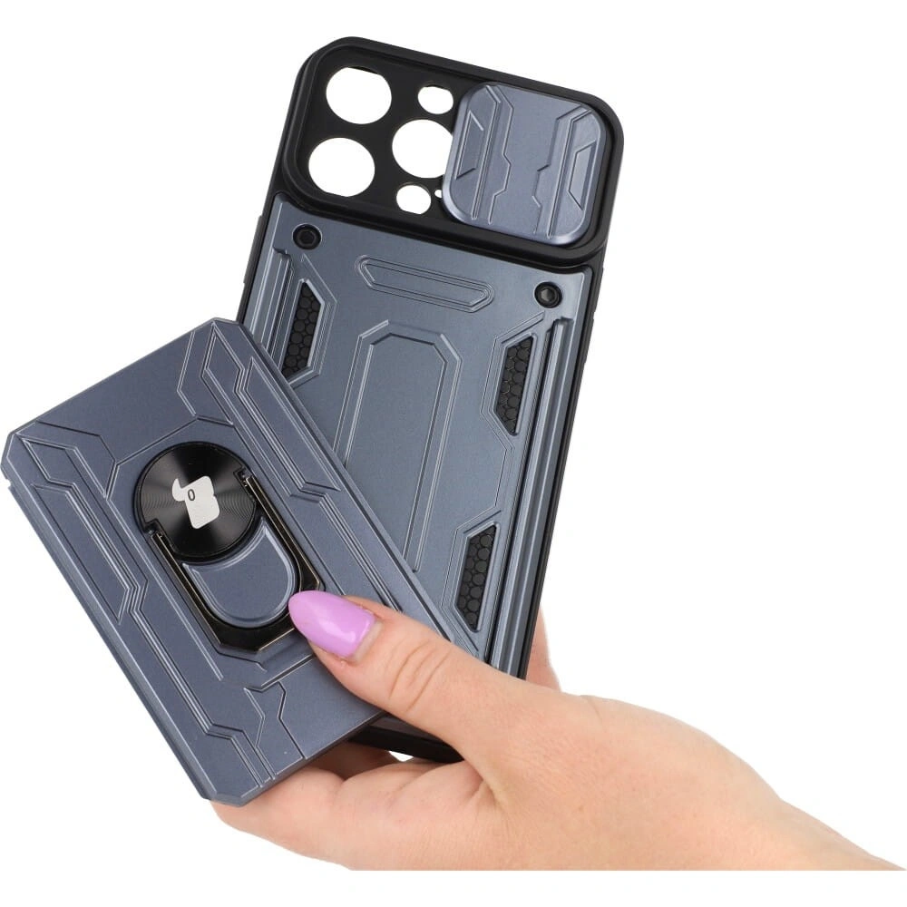 Etui Bizon Case Camshield Card Slot Ring do Apple iPhone 14 Pro Max szare