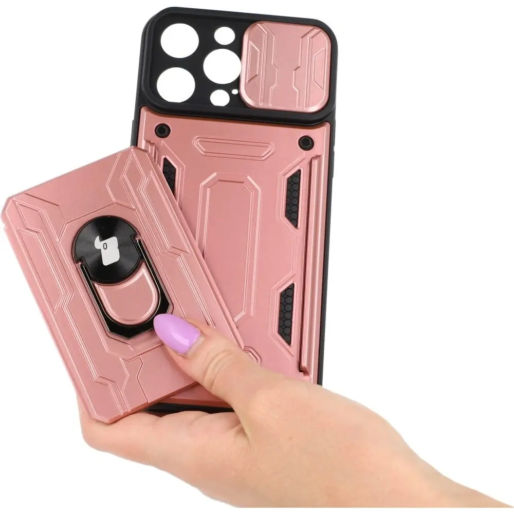 Etui Bizon Case Camshield Card Slot Ring do Apple iPhone 14 Pro Max jasnoróżowe