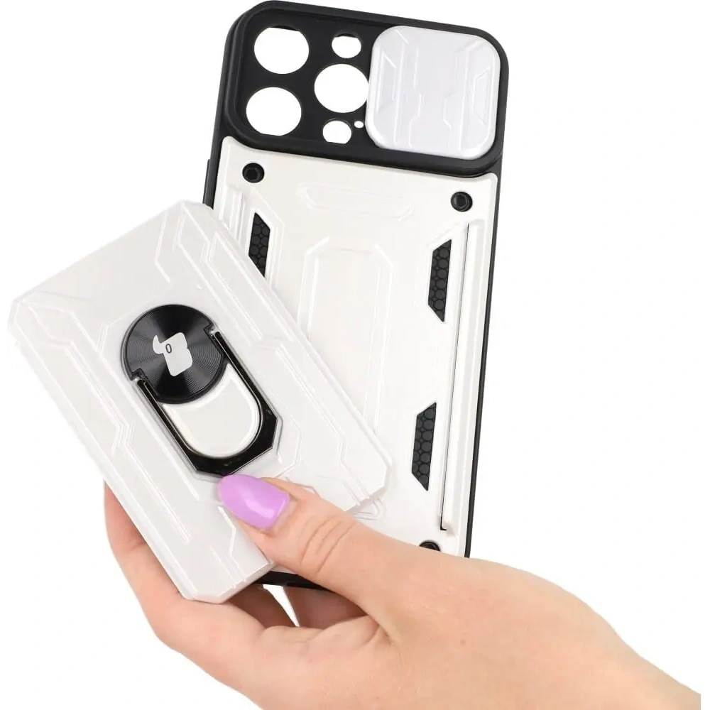 Etui Bizon Case Camshield Card Slot Ring do Apple iPhone 14 Pro Max białe