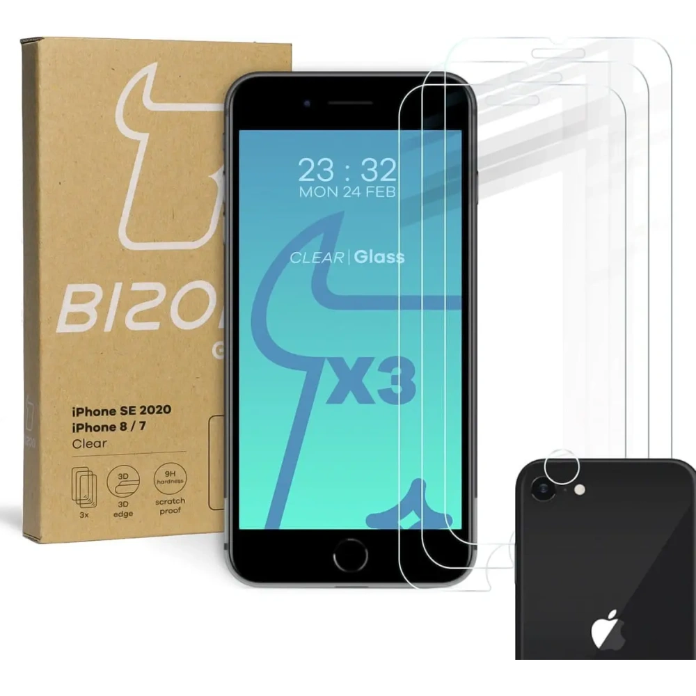 Szkło hartowane Bizon Glass Clear - 3 szt. + obiektyw Apple iPhone SE 2022/2020 8/7