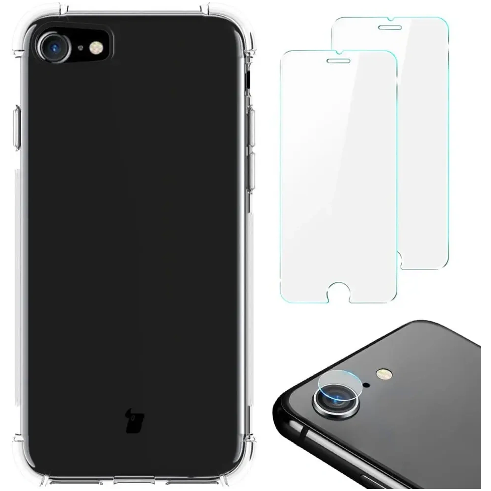 Etui + 2x szkło na ekran + obiektyw Bizon Case Clear Pack do Apple iPhone SE 2022/2020 8/7 przezroczyste