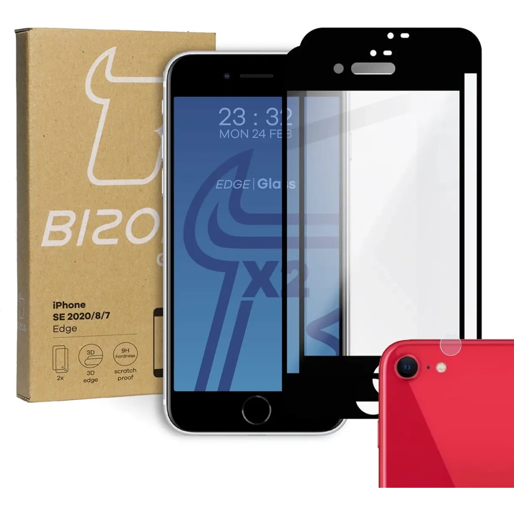 Szkło hartowane Bizon Glass Edge - [2 PACK] + ochrona na obiektyw Apple iPhone SE 2022/2020 8/7 czarne