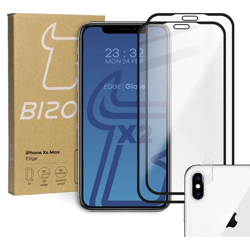 Szkło hartowane Bizon Glass Edge CF - [2 PACK] + ochrona na obiektyw Apple iPhone Xs Max czarne