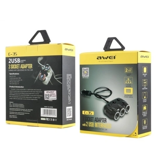 Buy AWEI C-35 3x 12V + 2 USB Socket Cigarette Car Lighter Power Adapter black - AWEI006BLK - {ean13} - Home Screen Store Europe