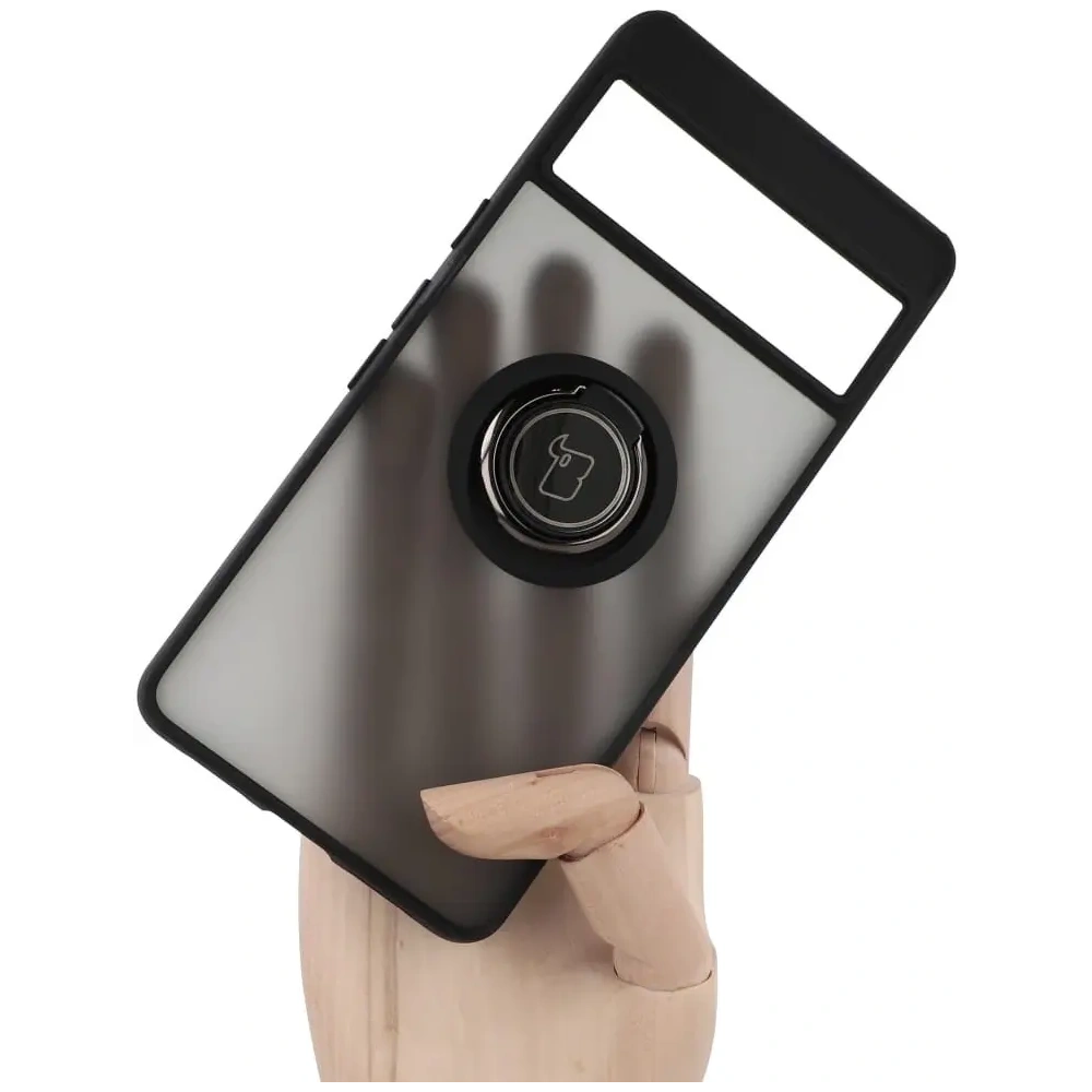 Etui z uchwytem na palec Bizon Case Hybrid Ring do Google Pixel 7 przydymione z czarną ramką