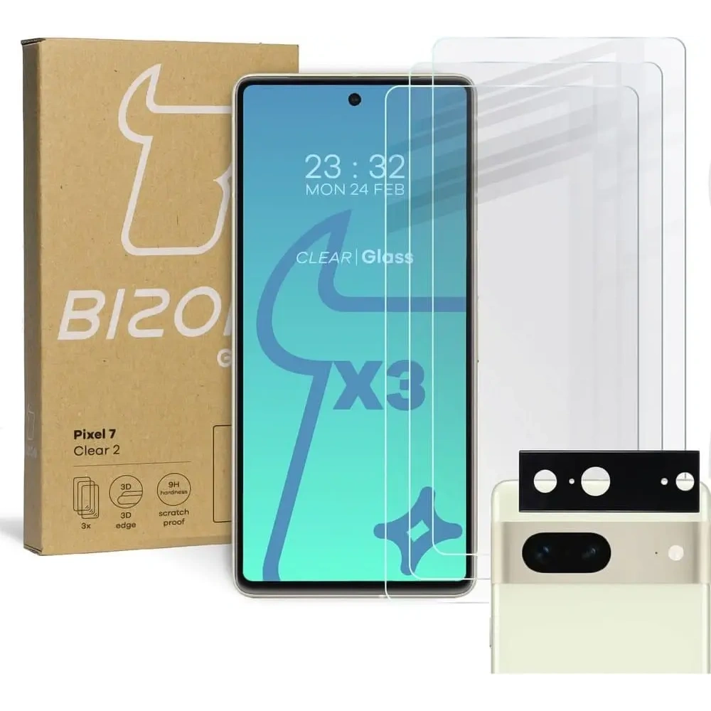 3x Szkło na ekran + szkło na aparat BIZON Clear 2 do Google Pixel 7