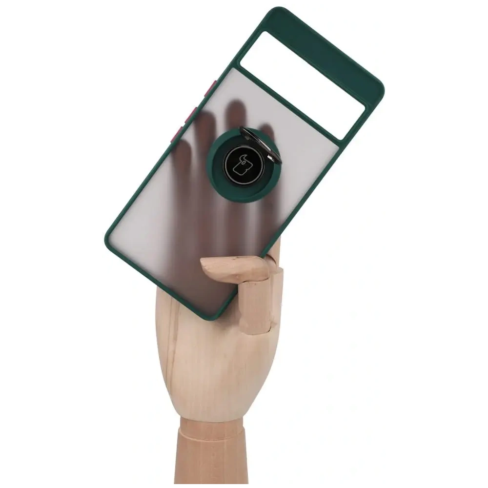 Etui z uchwytem na palec Bizon Case Hybrid Ring do Google Pixel 7 Pro przydymione z ciemnozieloną ramką