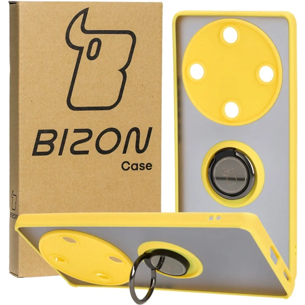 Etui z uchwytem na palec Bizon Case Hybrid Ring do Honor Magic5 Lite przydymione z żółtą ramką