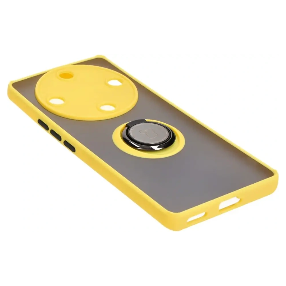 Etui z uchwytem na palec Bizon Case Hybrid Ring do Honor Magic5 Lite przydymione z żółtą ramką