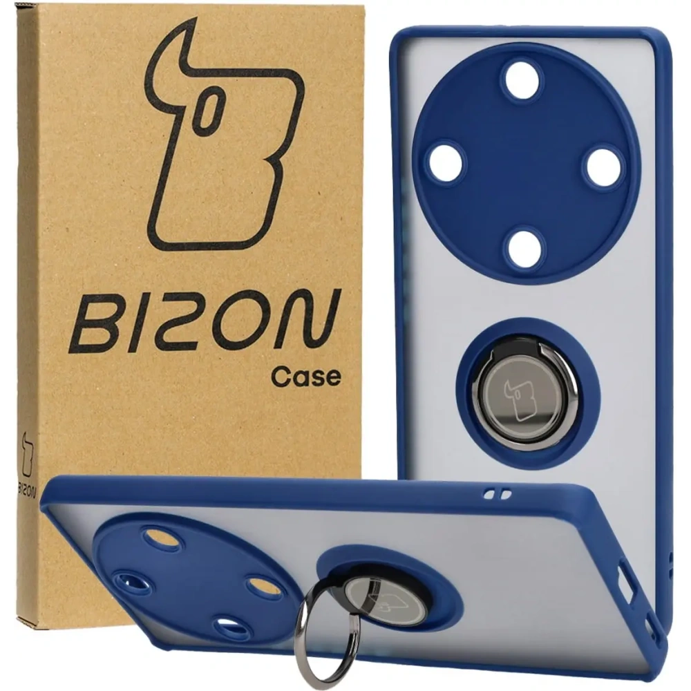 Etui z uchwytem na palec Bizon Case Hybrid Ring do Honor Magic5 Lite przydymione z granatową ramką