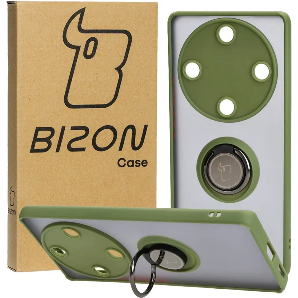 Etui z uchwytem na palec Bizon Case Hybrid Ring do Honor Magic5 Lite przydymione z zieloną ramką
