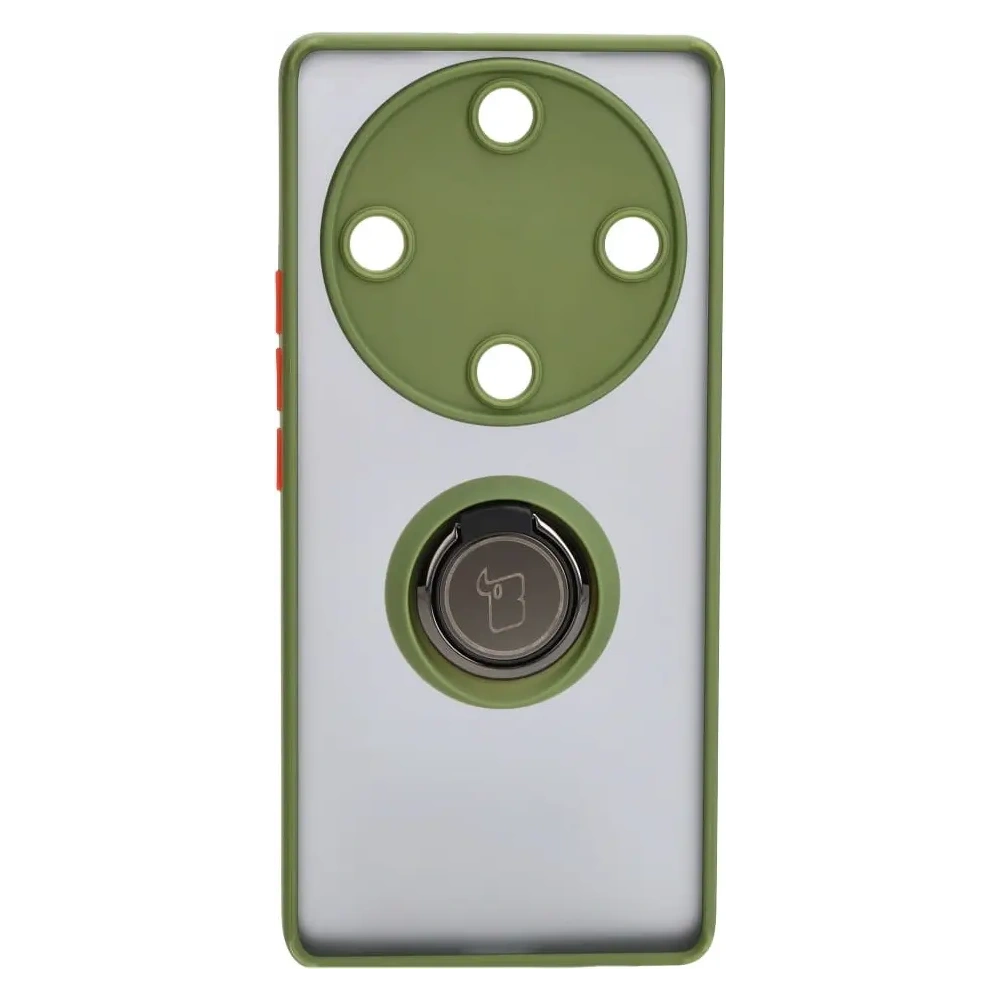 Etui z uchwytem na palec Bizon Case Hybrid Ring do Honor Magic5 Lite przydymione z zieloną ramką