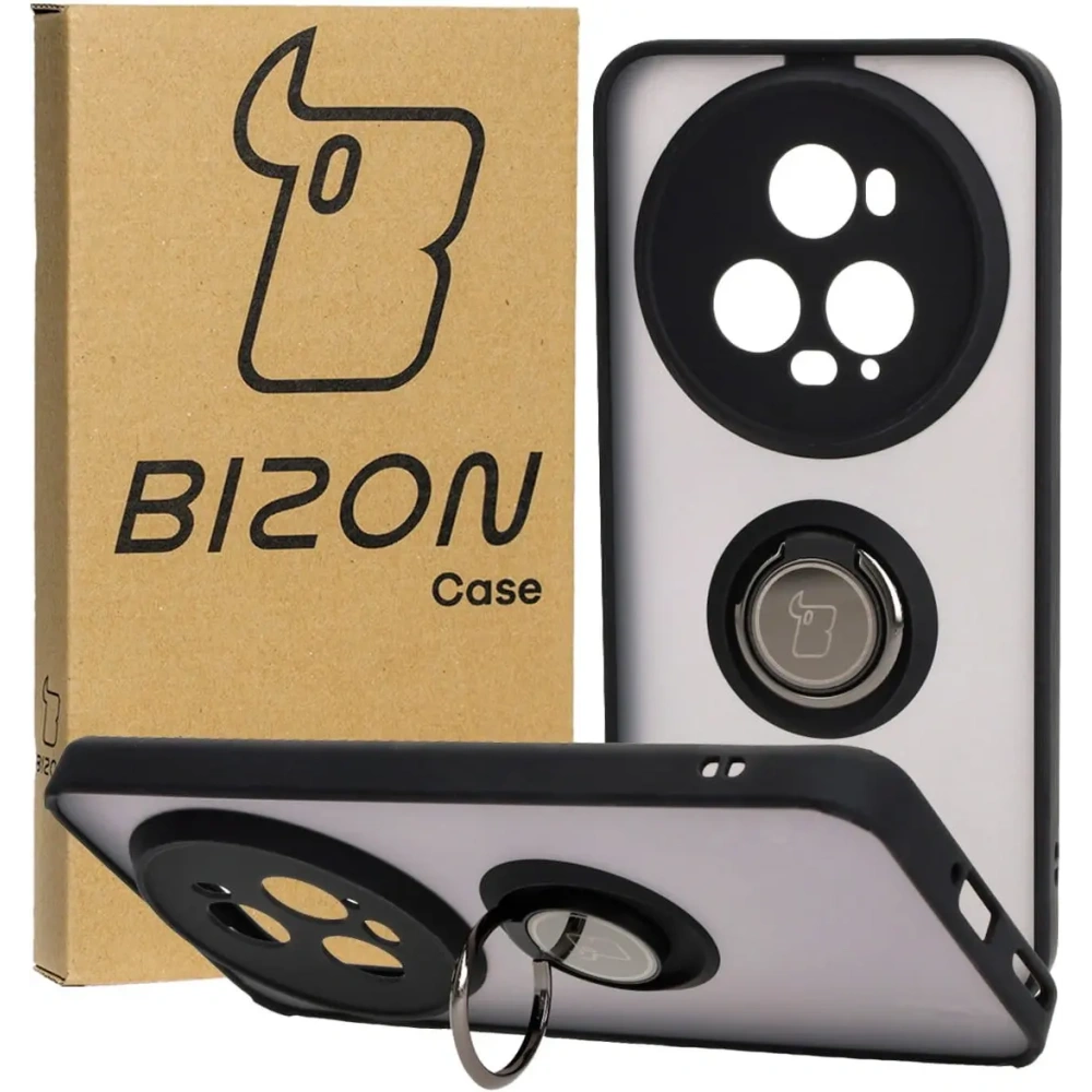 Etui z uchwytem na palec Bizon Case Hybrid Ring do Honor Magic5 Pro przydymione z czarną ramką