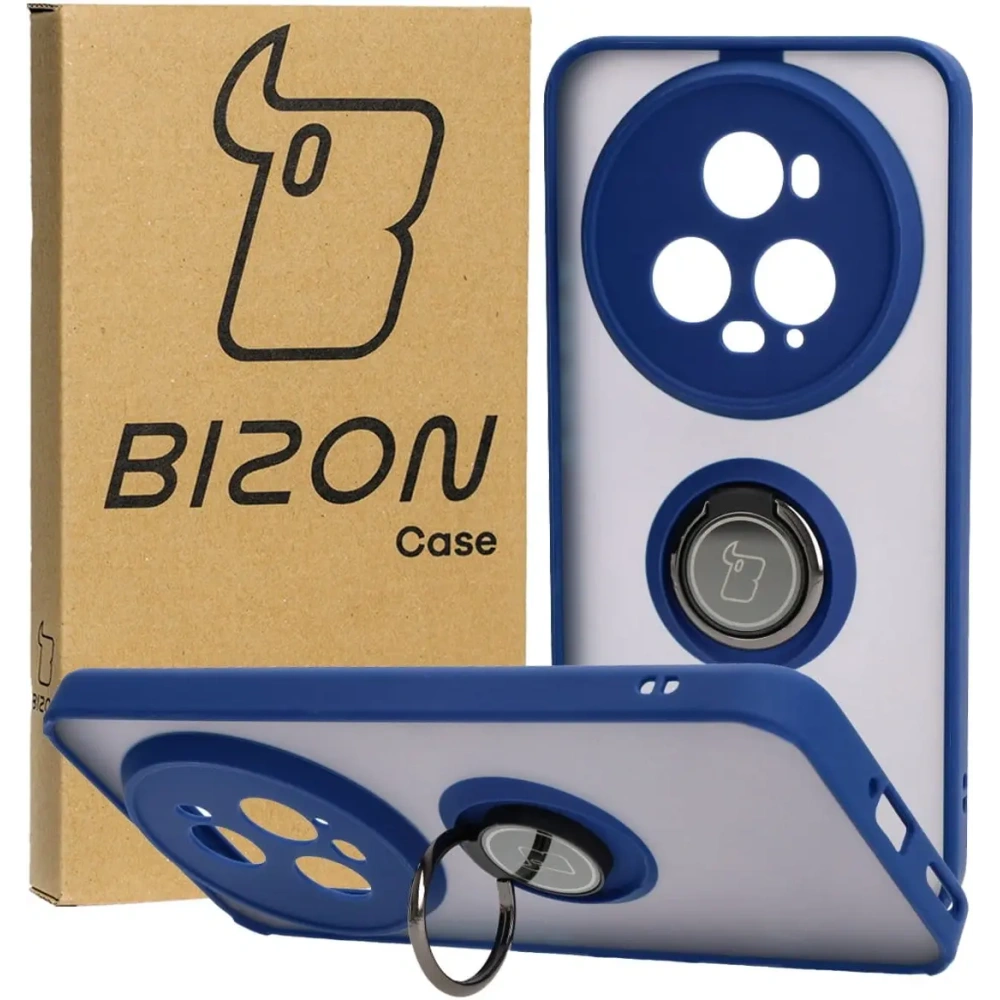 Etui z uchwytem na palec Bizon Case Hybrid Ring do Honor Magic5 Pro przydymione z granatową ramką
