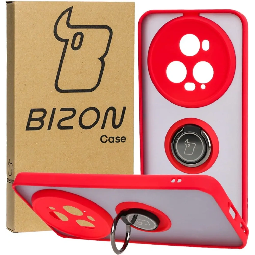 Etui z uchwytem na palec Bizon Case Hybrid Ring do Honor Magic5 Pro przydymione z czerwoną ramką