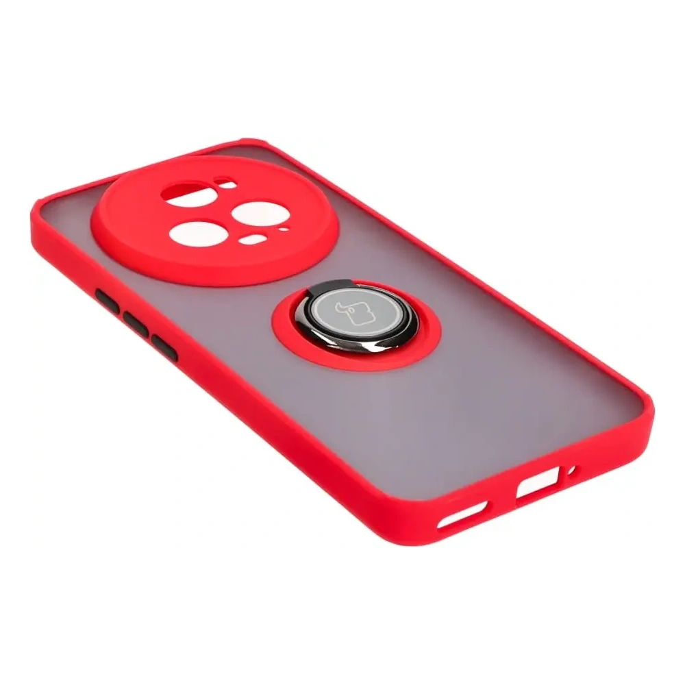 Etui z uchwytem na palec Bizon Case Hybrid Ring do Honor Magic5 Pro przydymione z czerwoną ramką