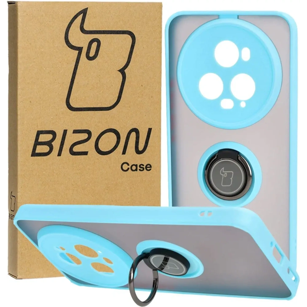 Etui z uchwytem na palec Bizon Case Hybrid Ring do Honor Magic5 Pro przydymione z jasnoniebieską ramką