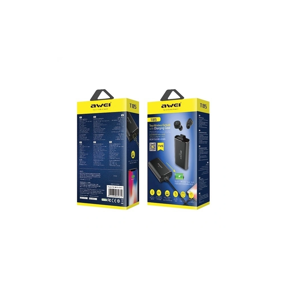 AWEI słuchawki Bluetooth 5.0 T85 TWS + stacja dokująca/power bank 1800mAh  czarny/black
